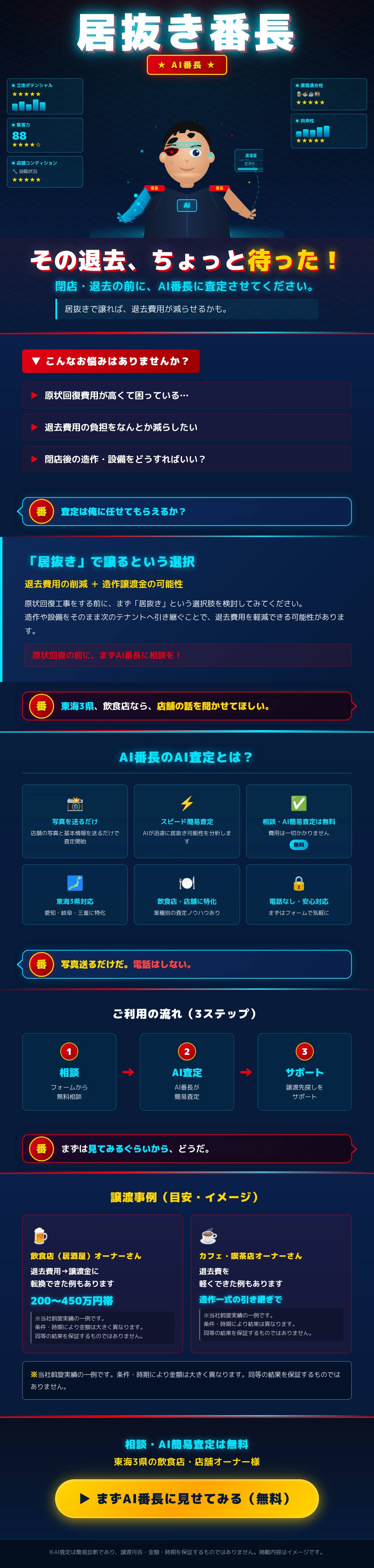 居抜き番長|AI番長のAI査定。閉店・退去の前に、AI番長に相談を。相談・AI簡易査定 無料・東海3県の飲食店・店舗対応(運営: 株式会社 亜細亜不動産管理/愛知県知事(1)第26275号)